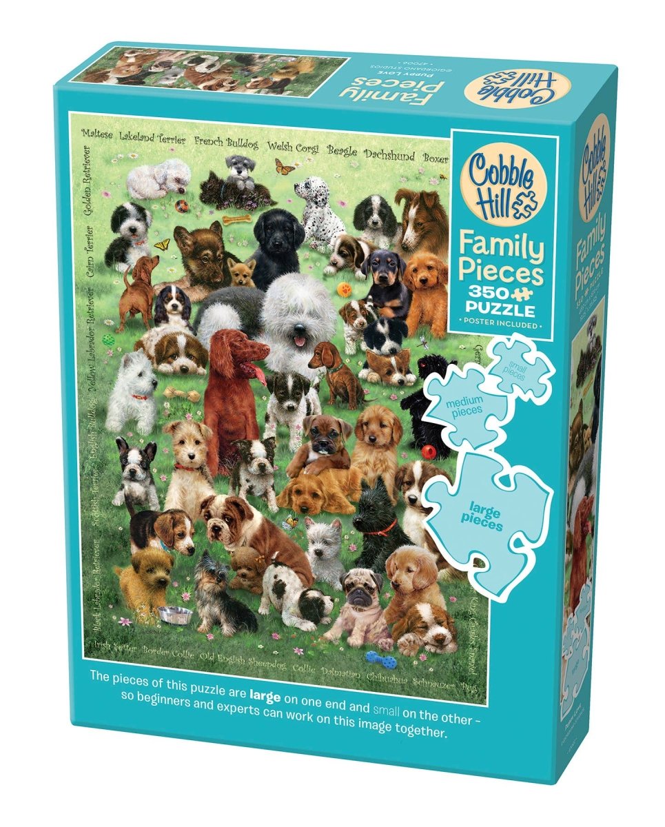 Cobble Hill Family Pieces puzzle box with images of dogs on a grassy field