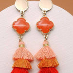 Rafia tiered tassel clover post earrings