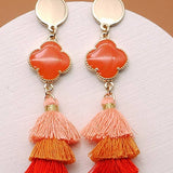 Rafia tiered tassel clover post earrings