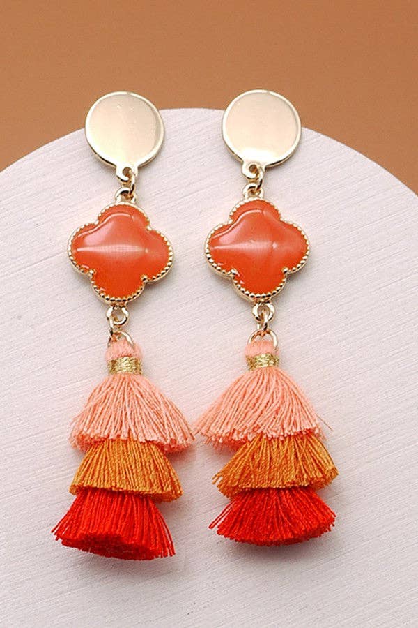 Rafia tiered tassel clover post earrings