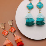 Rafia tiered tassel clover post earrings
