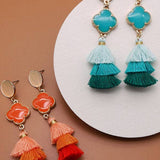 Rafia tiered tassel clover post earrings