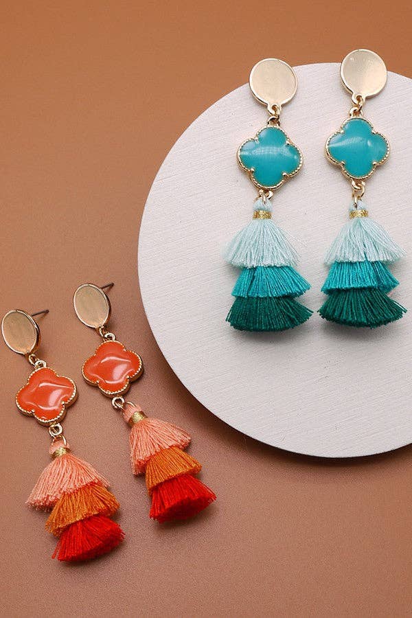 Rafia tiered tassel clover post earrings