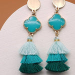 Rafia tiered tassel clover post earrings