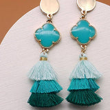 Rafia tiered tassel clover post earrings