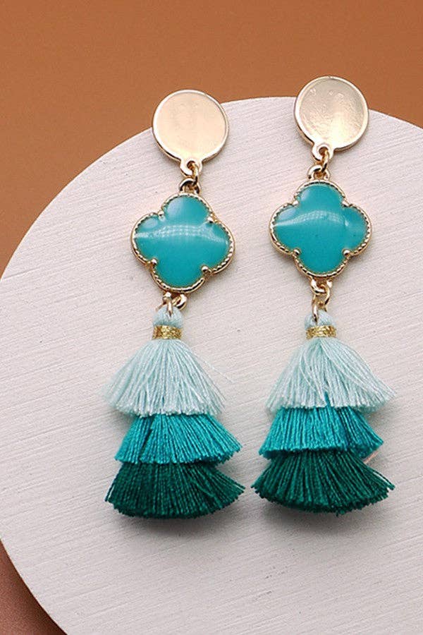 Rafia tiered tassel clover post earrings