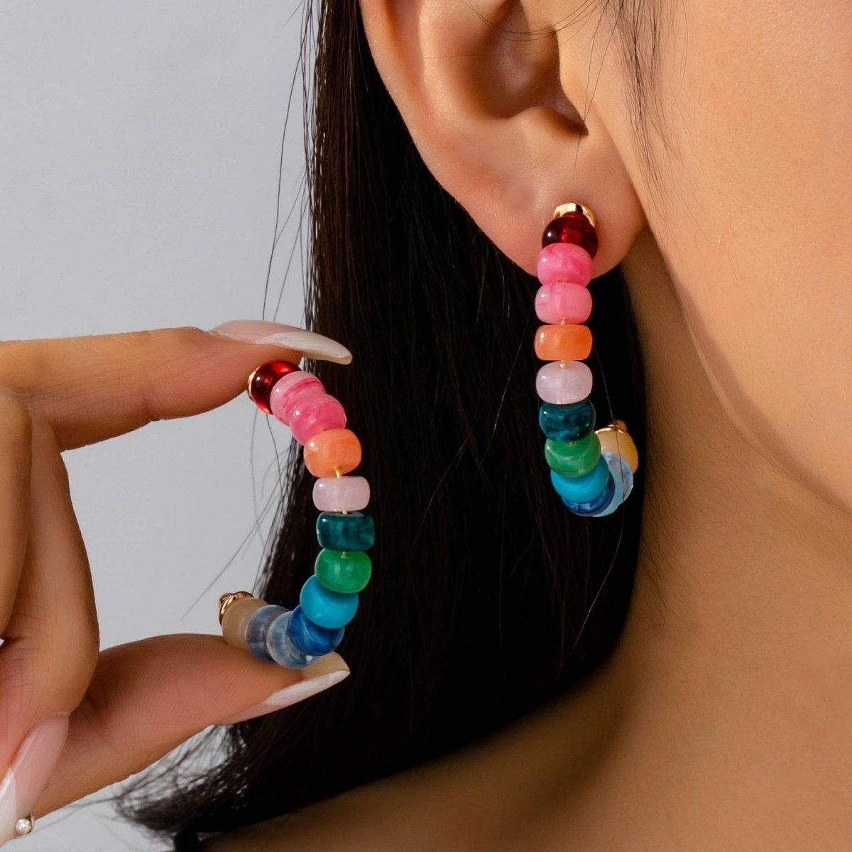 Rainbow multicolor beaded hoop earrings
