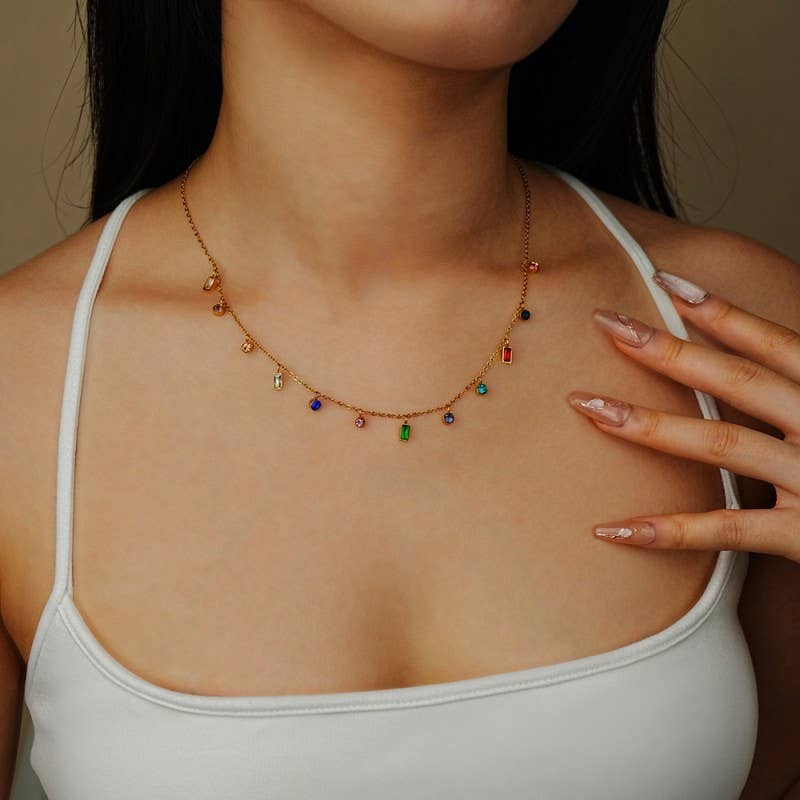 Rainbow multicolor stone dangle necklace