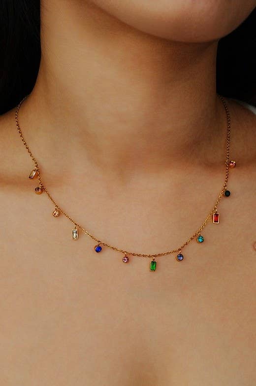 Rainbow multicolor stone dangle necklace