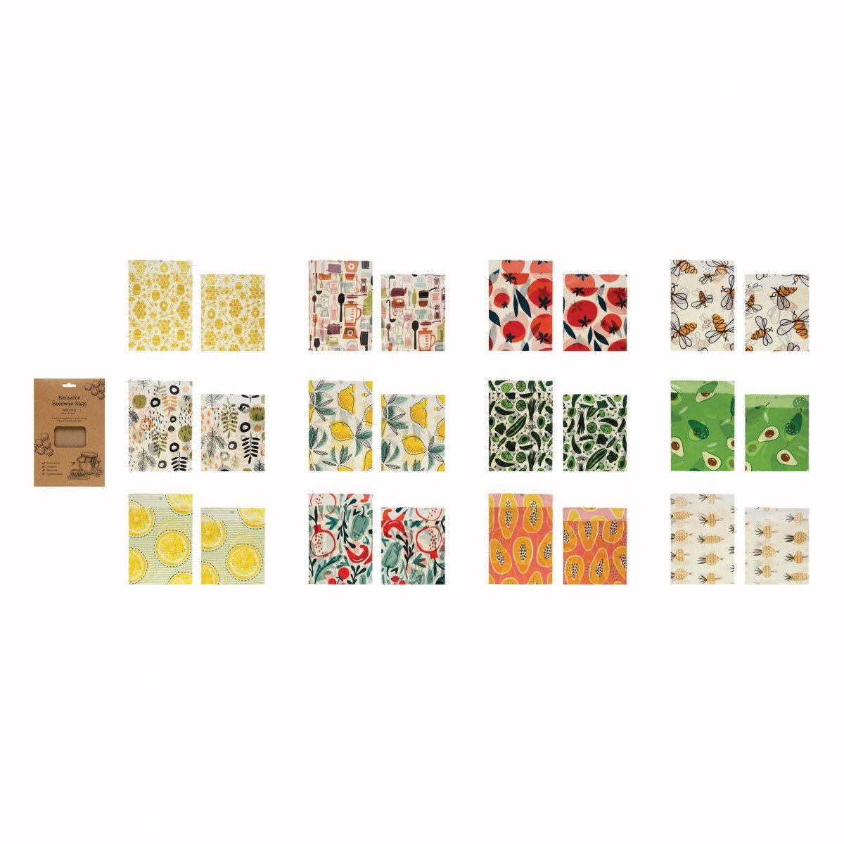 Reusable fabric beeswax food bags with printed patterns, set of two