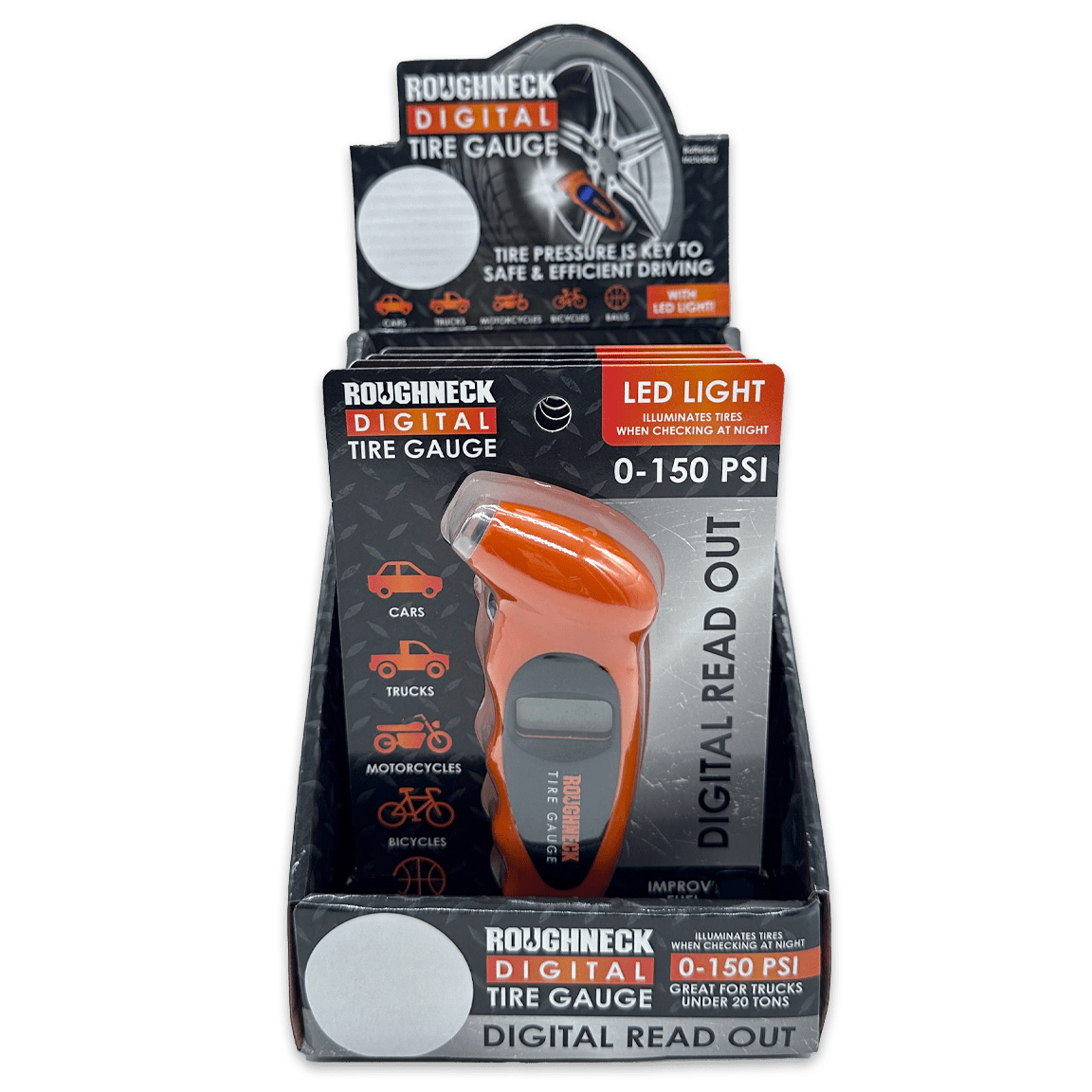 Roughneck Digital Tire Gauge & LED Light - 4 Piece Display - Pages & Parcels