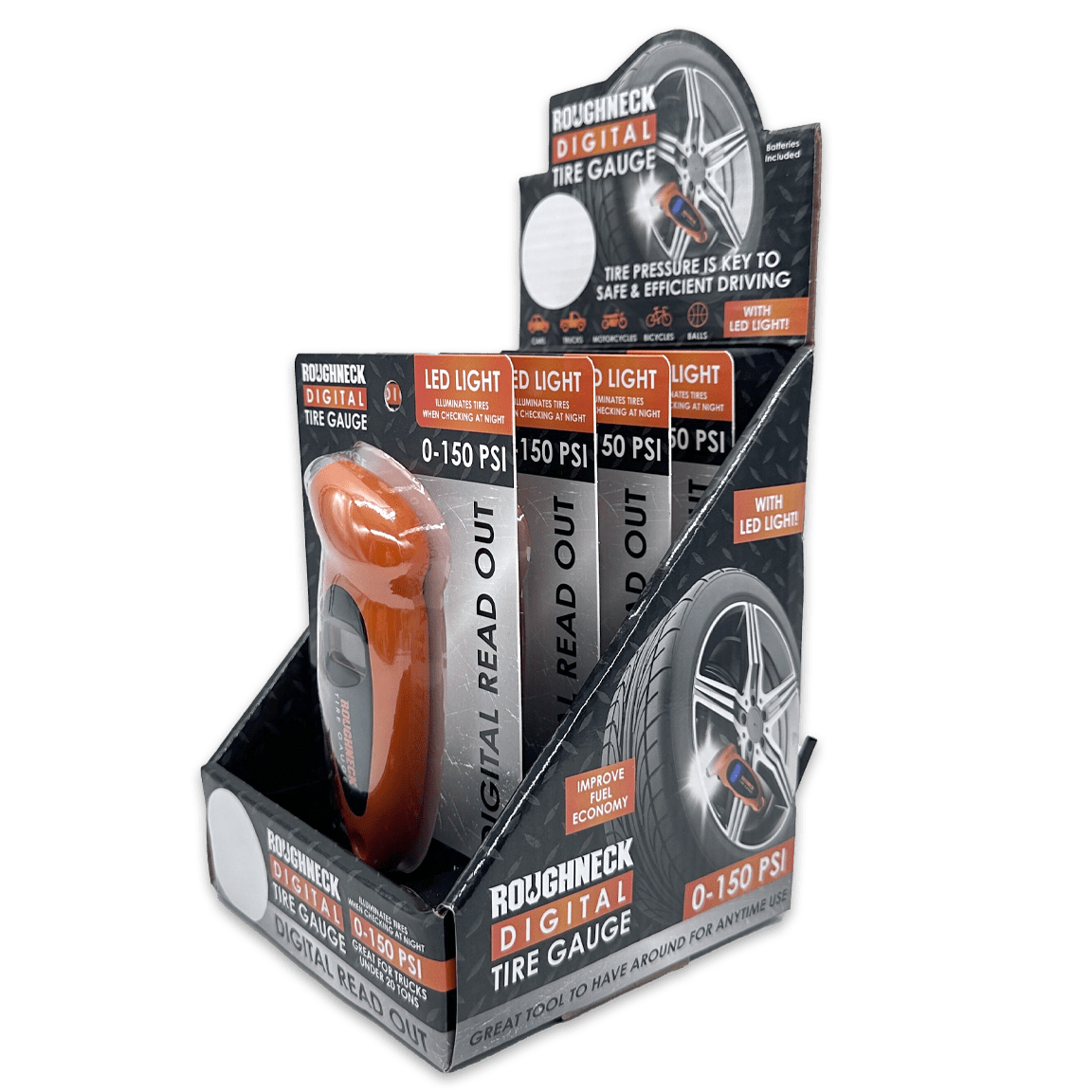 Roughneck Digital Tire Gauge & LED Light - 4 Piece Display - Pages & Parcels