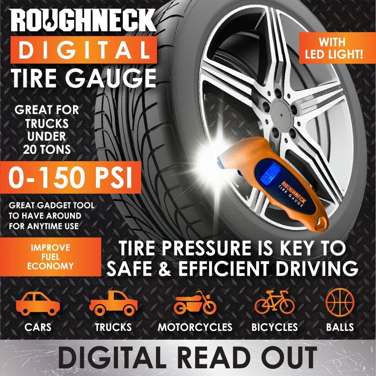 Roughneck Digital Tire Gauge & LED Light - 4 Piece Display - Pages & Parcels