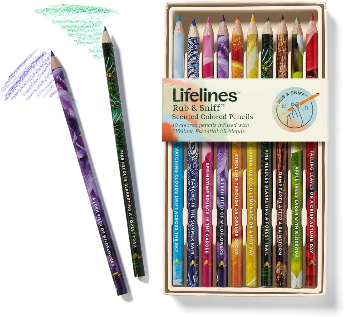 Box of Lifelines Rub & Sniff scented colored pencils with pencils displayed outside the box.