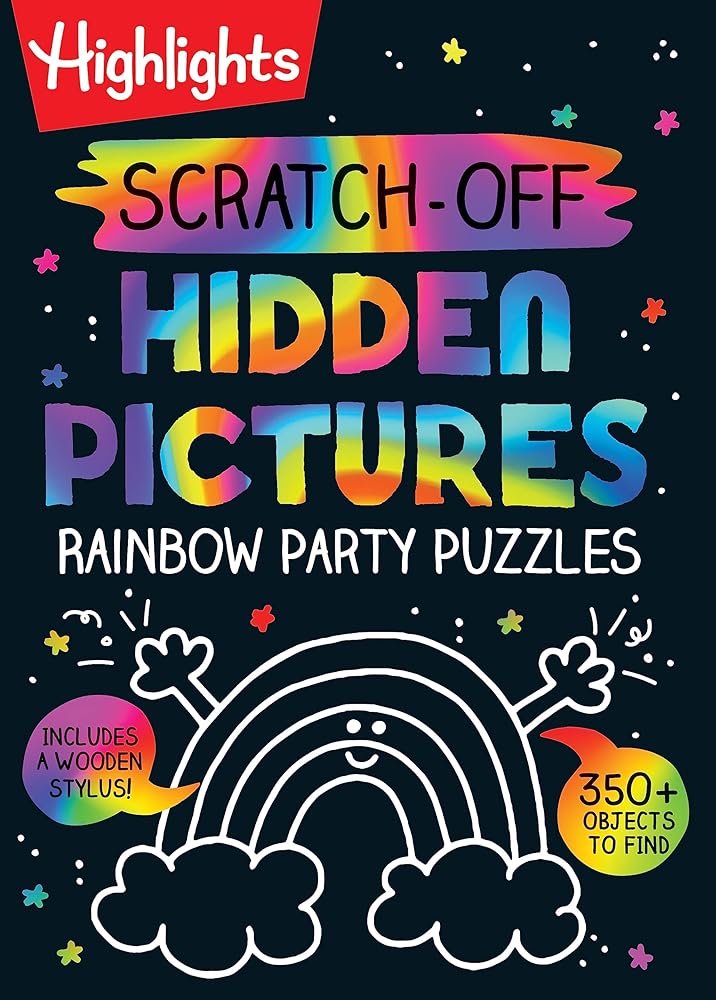 Scratch-Off Hidden Pictures Rainbow Party Puzzles: Over 350 Colorful Objects to Find in this Rainbow Puzzle Book for Kids Ages 6-9 (Highlights Scratch-Off Activity Books) cover image