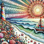 Jigsaw puzzle box for Seashells by the Seashore, featuring a lighthouse and sailboat coastal scene