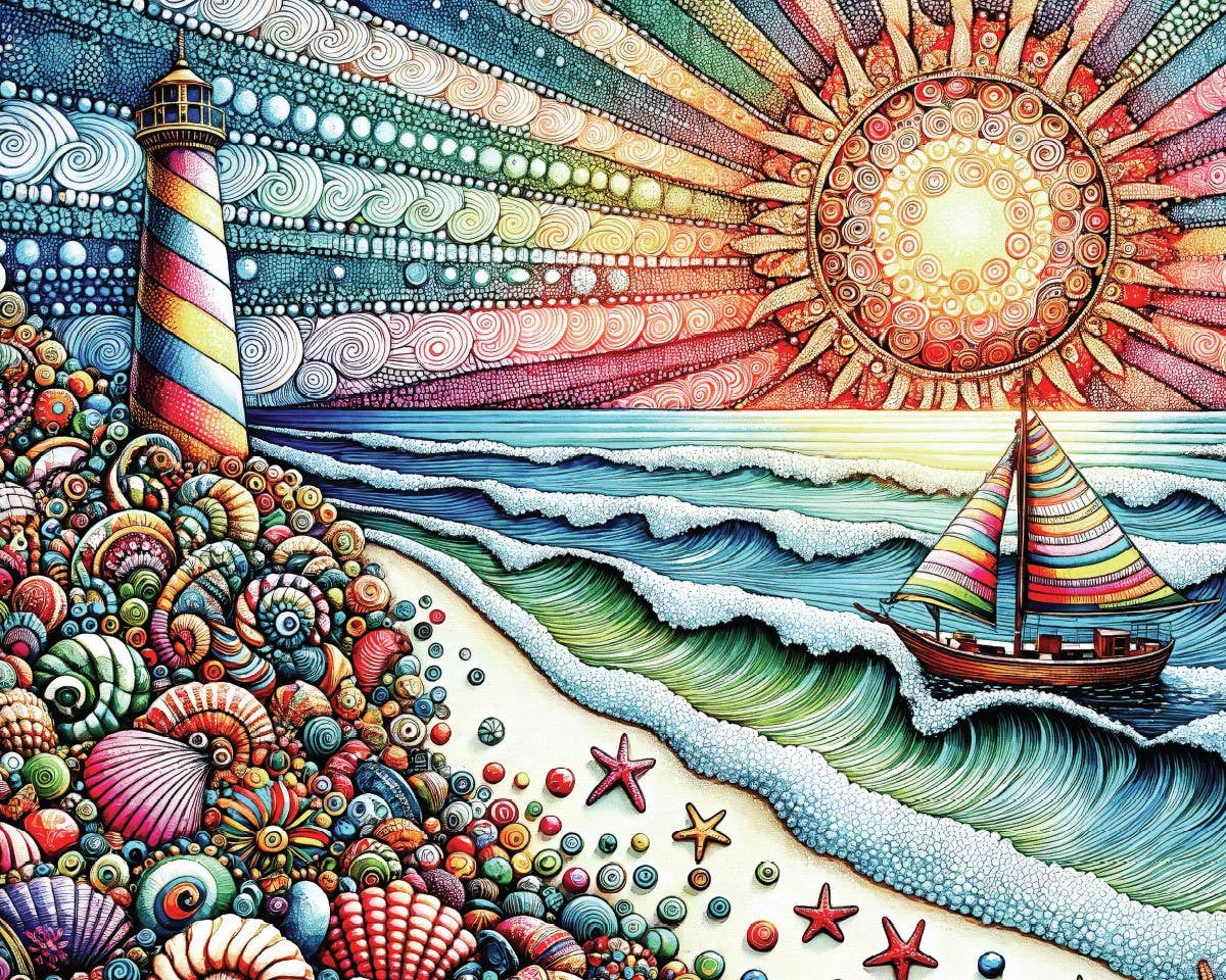 Jigsaw puzzle box for Seashells by the Seashore, featuring a lighthouse and sailboat coastal scene