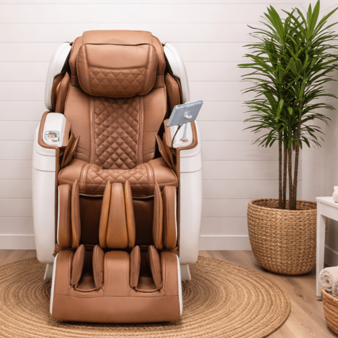 Brown massage chair in a room with plants and a small table.