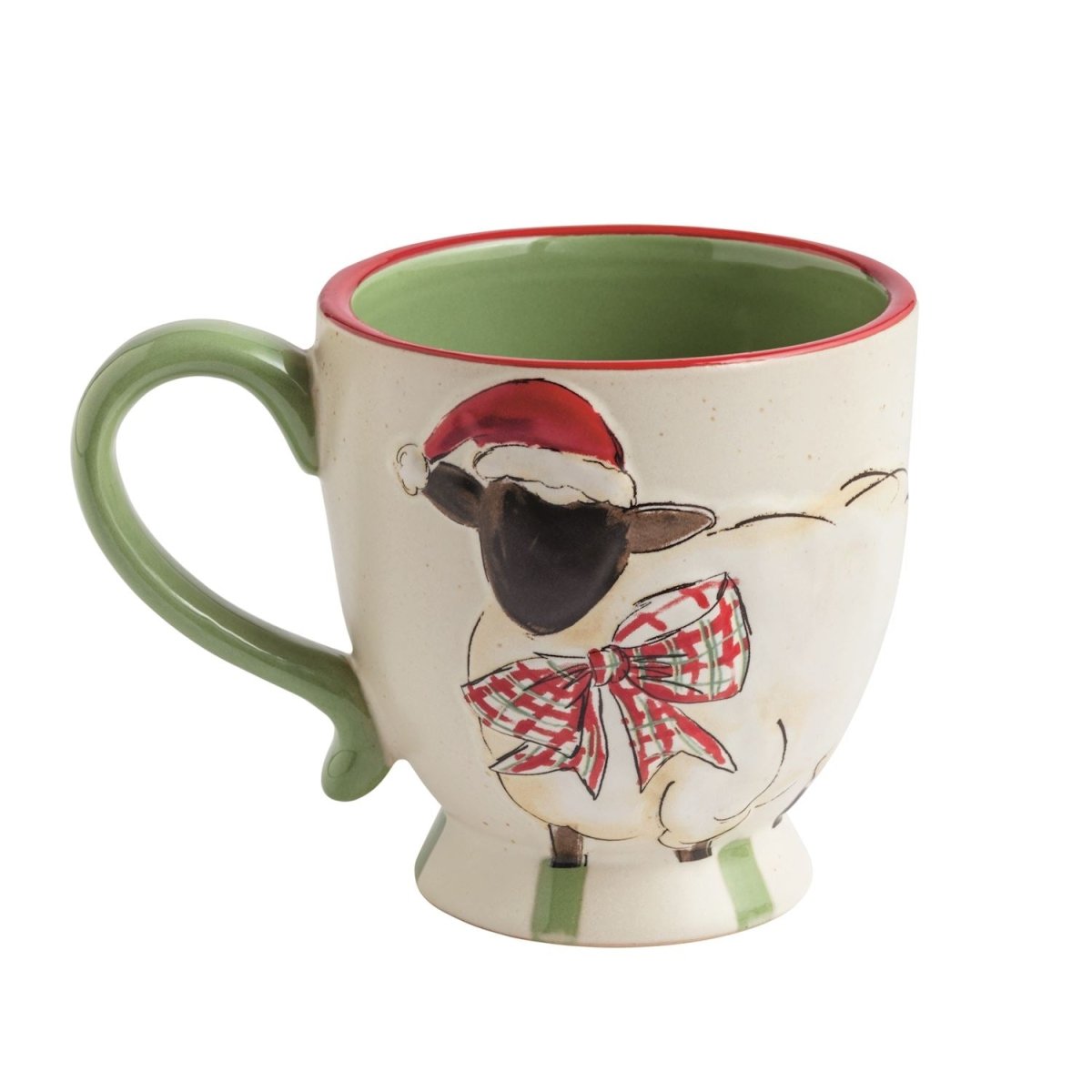 Hand-painted speckled stoneware mug with a raised sheep design and pedestal base