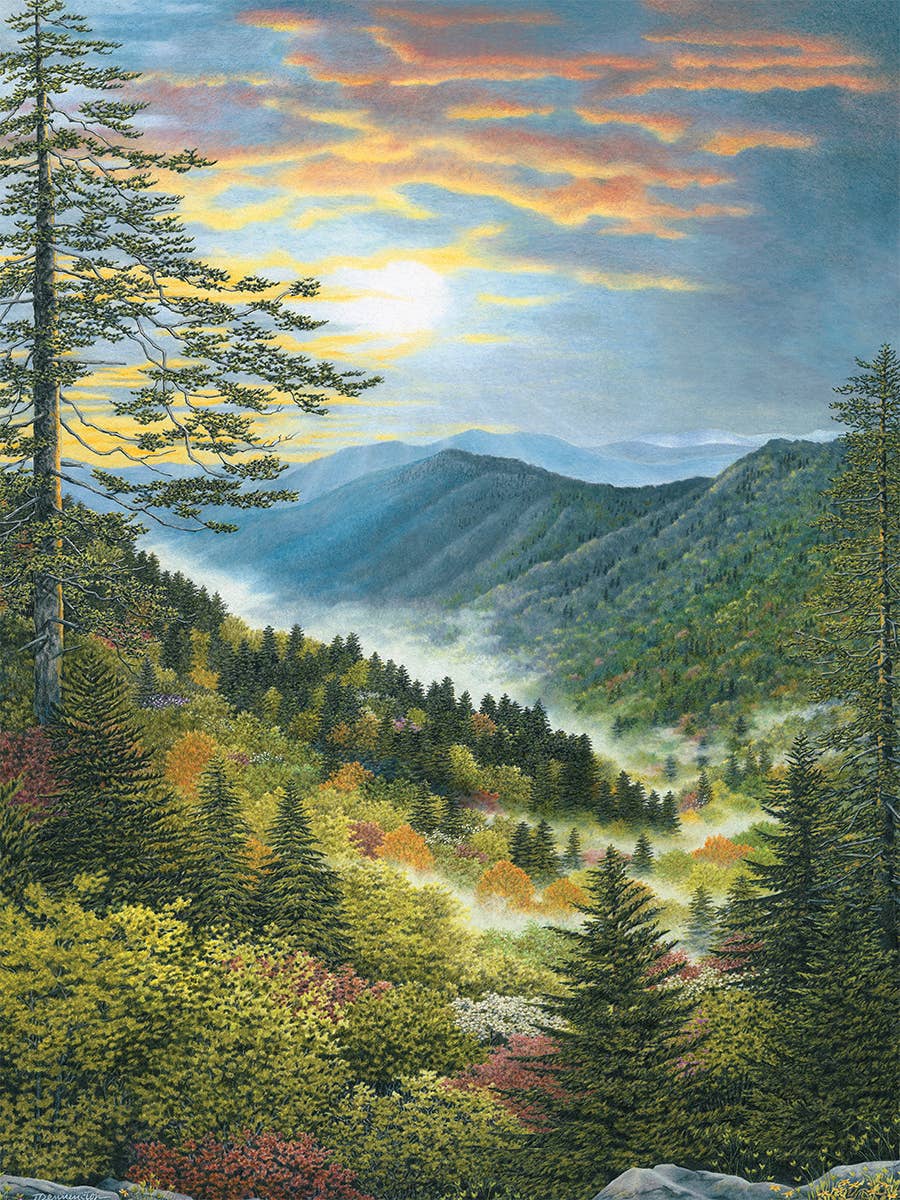 Jigsaw puzzle box for Smokies Scenic Preserve, featuring a fall sunrise over the Smoky Mountains