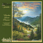 Jigsaw puzzle box for Smokies Scenic Preserve, featuring a fall sunrise over the Smoky Mountains