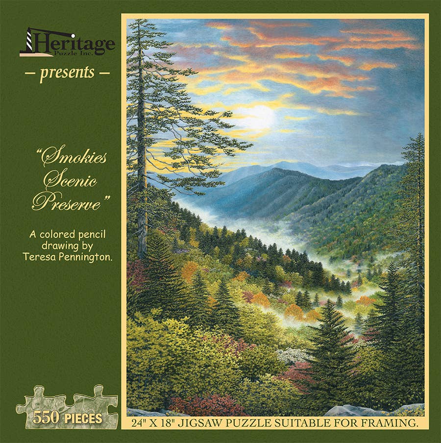 Jigsaw puzzle box for Smokies Scenic Preserve, featuring a fall sunrise over the Smoky Mountains