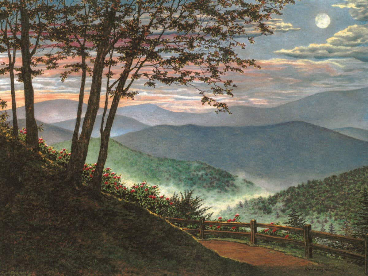Jigsaw puzzle box for Smoky Mountain Twilight, featuring a colored pencil twilight mountain scene