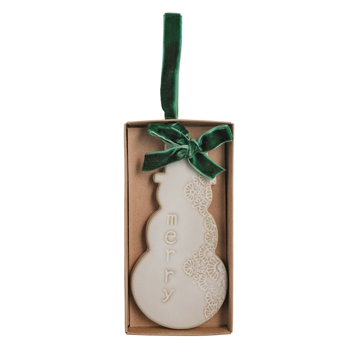 Ceramic snowman ornament with reactive glaze and a velvet ribbon bow