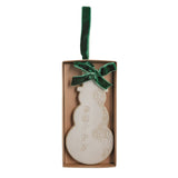 Ceramic snowman ornament with reactive glaze and a velvet ribbon bow