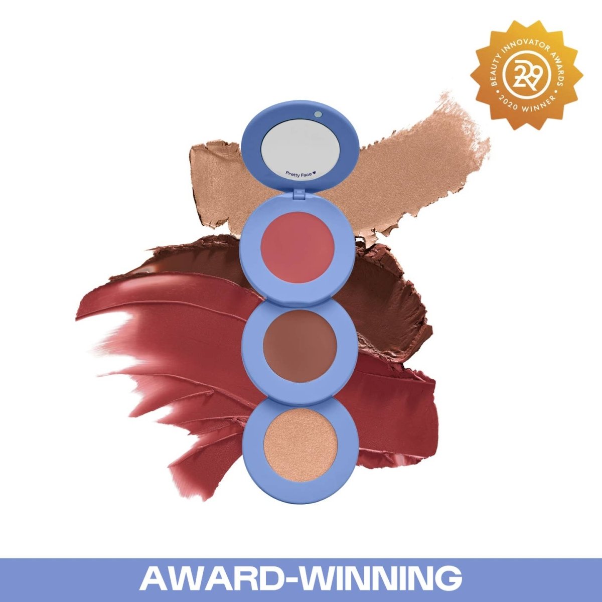 Makeup compact with color swatches on a white background, featuring an award badge.