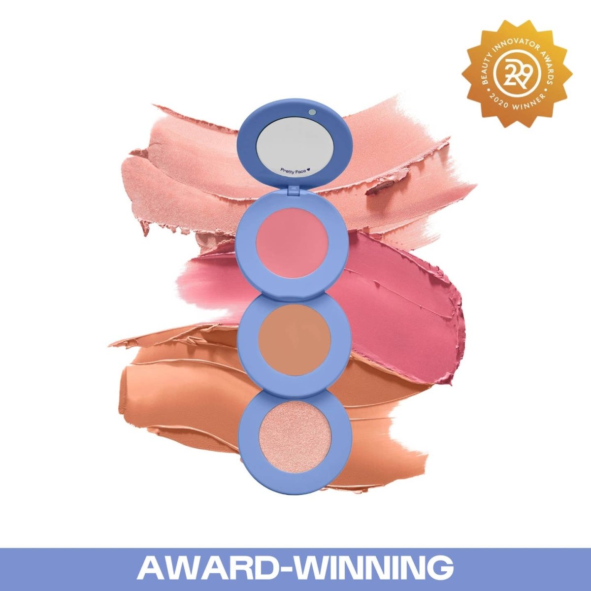 Makeup product with pink and orange shades on a white background, featuring an award badge.
