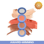 Makeup compact with color swatches on a white background
