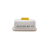 Stoneware Butter Dish w/ Debossed "Butter Me Up", Reactive Glaze (Each One Will Vary)