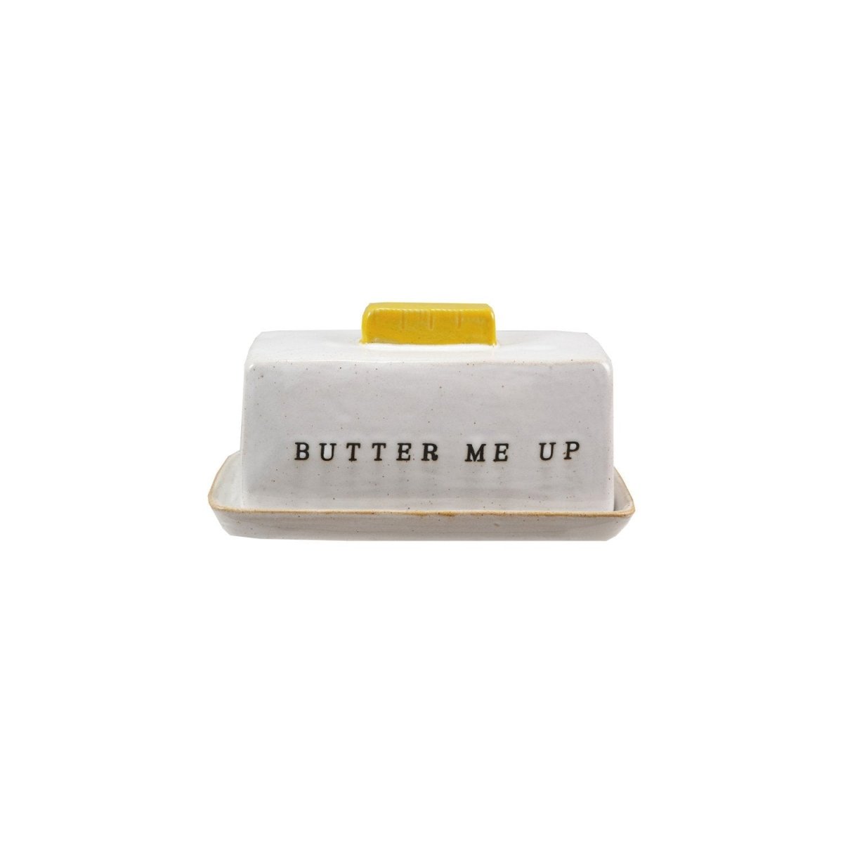 Stoneware Butter Dish w/ Debossed "Butter Me Up", Reactive Glaze (Each One Will Vary)