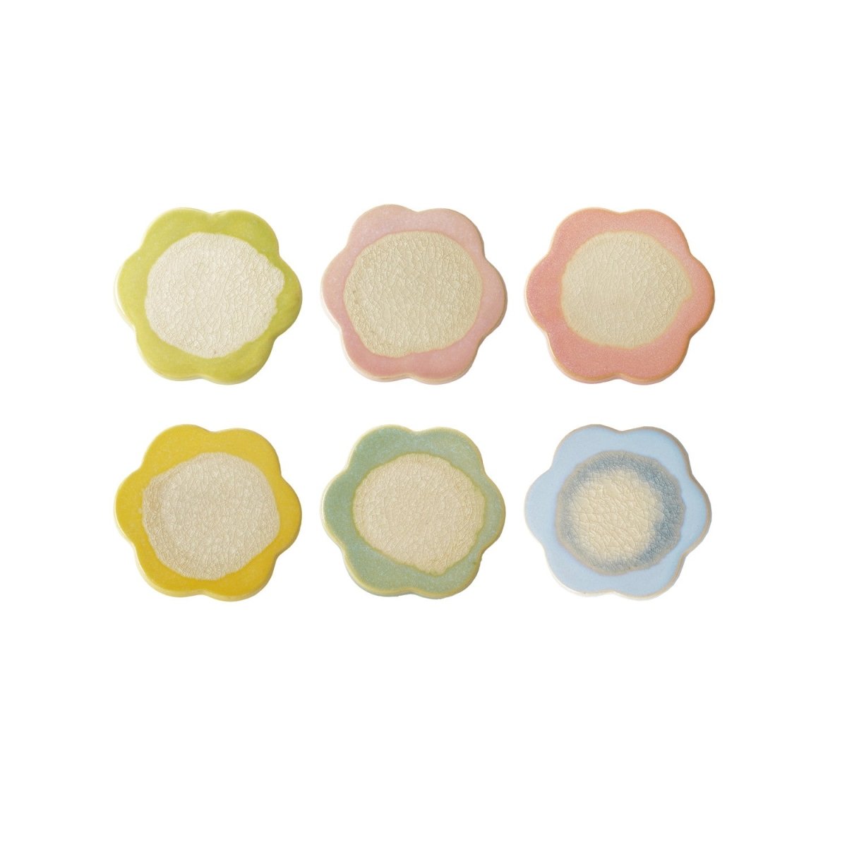 Flower-shaped stoneware trivet with a reactive crackle glaze finish