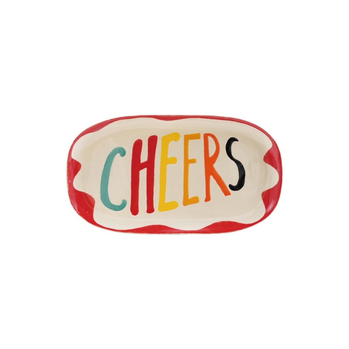 Stoneware serving platter with the word Cheers in wax relief