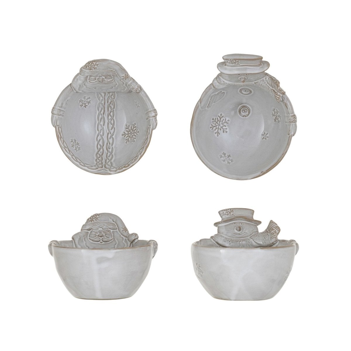 A stoneware bowl shaped like Santa or a snowman, one of two styles