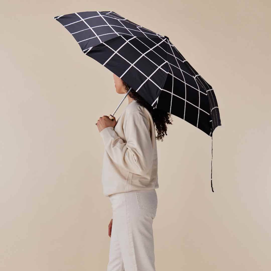 Stylish Black Grid Compact Eco - friendly Duck Umbrella - Pages & Parcels