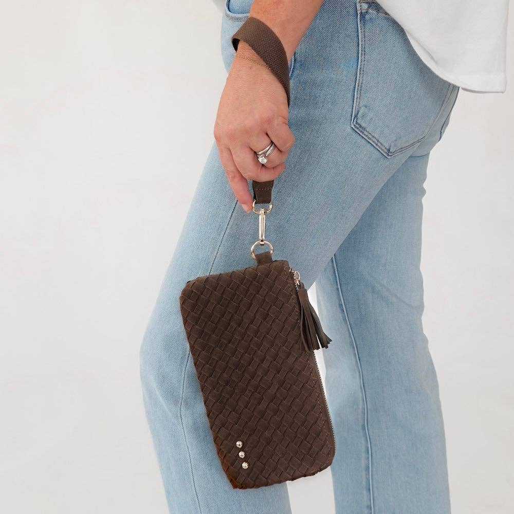 Faux suede woven clutch wristlet