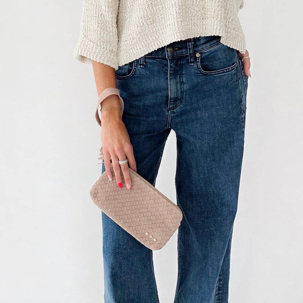 Faux suede woven clutch wristlet