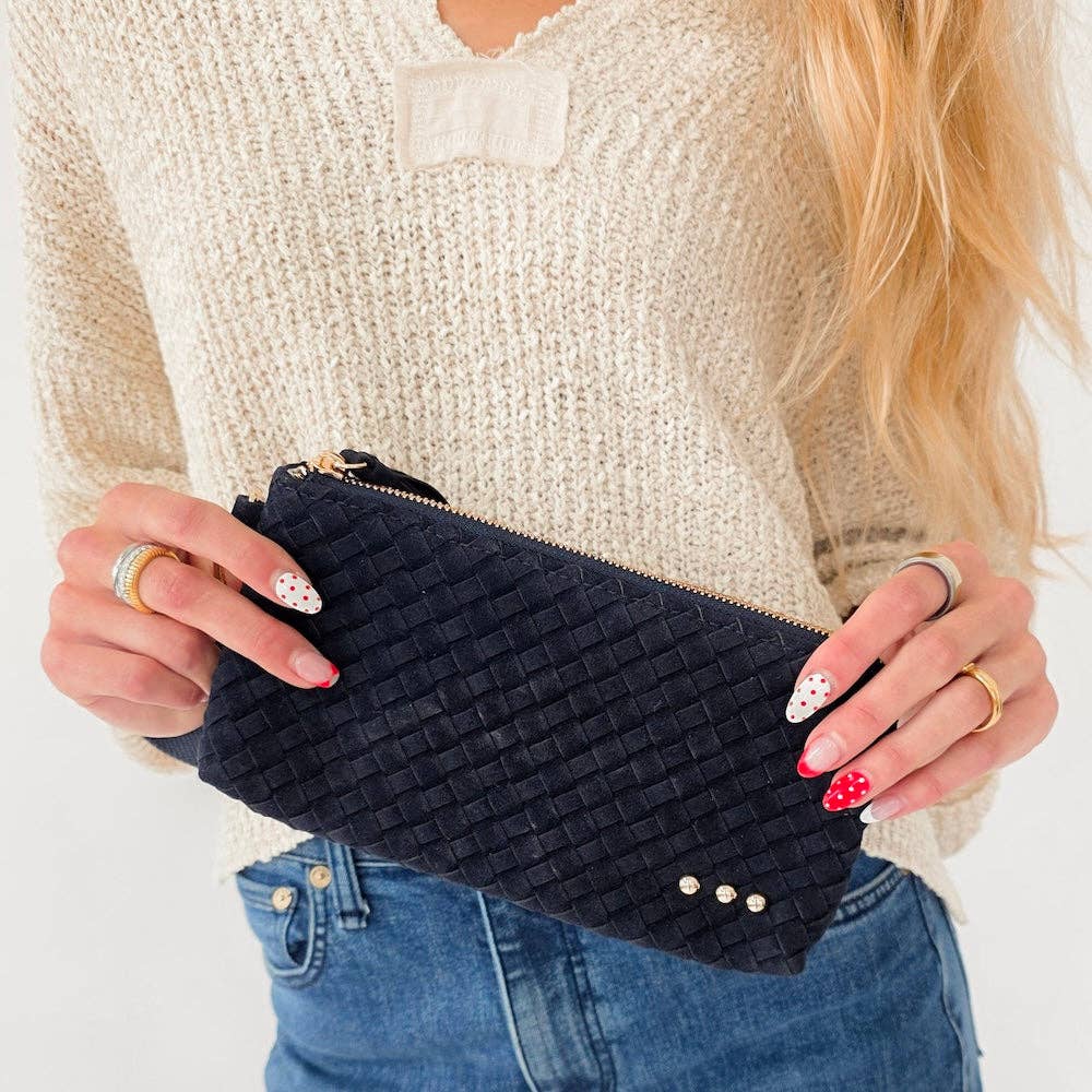 Faux suede woven clutch wristlet