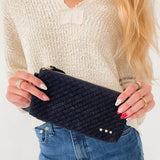 Faux suede woven clutch wristlet