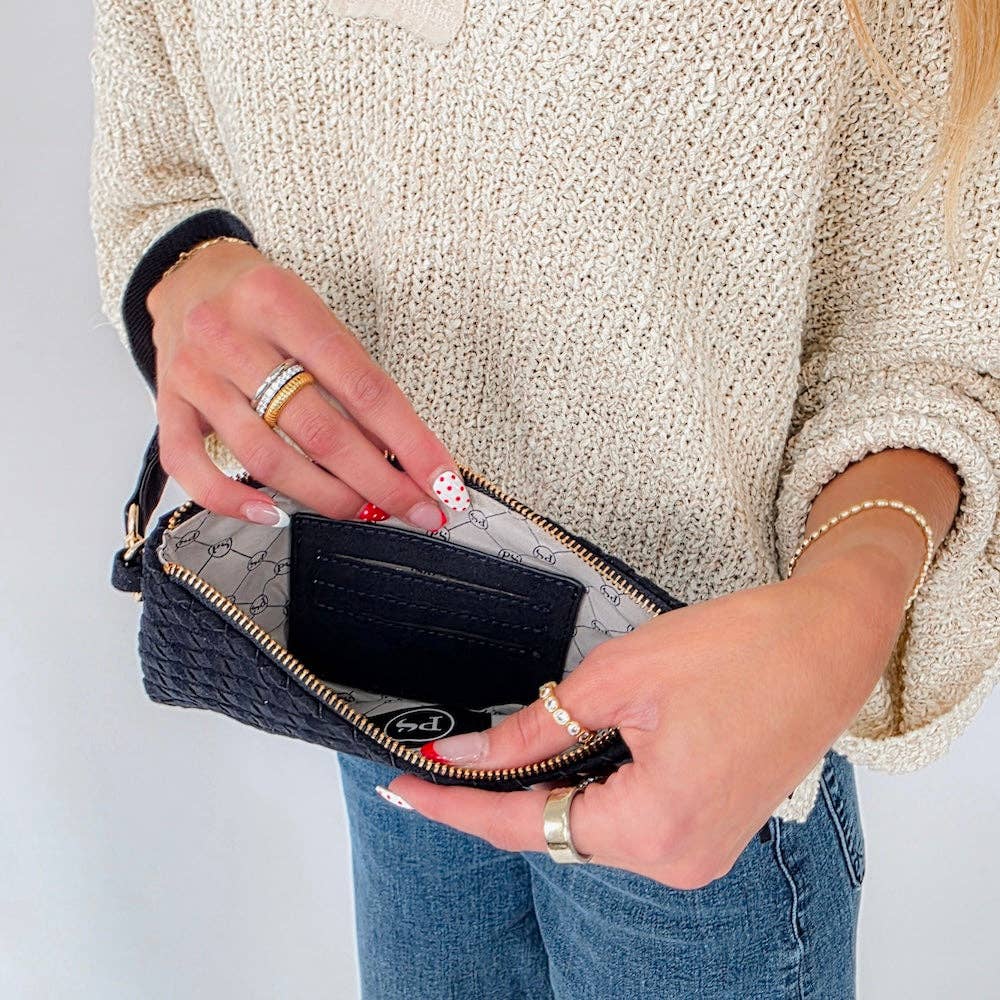 Faux suede woven clutch wristlet