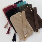 Faux suede woven clutch wristlet