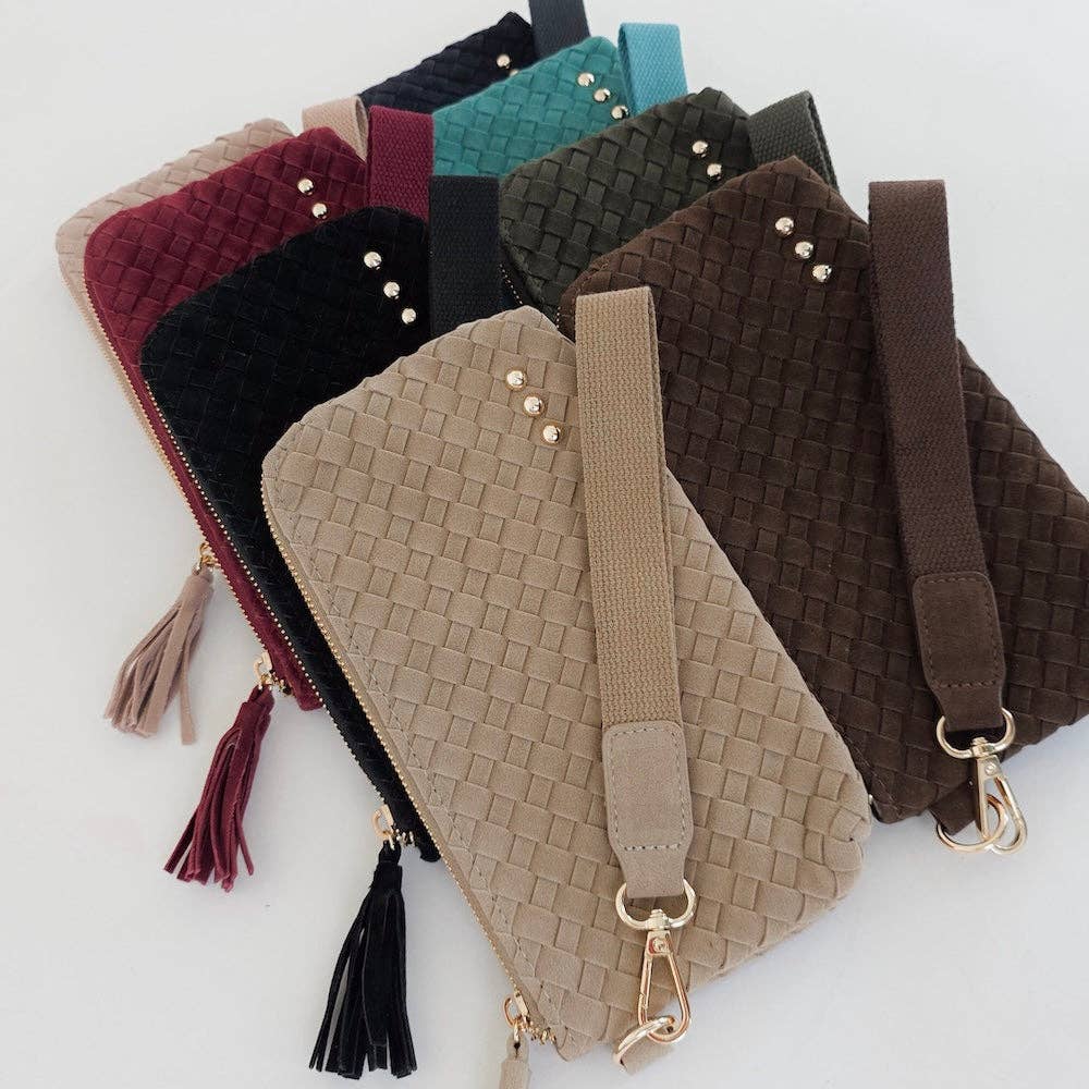 Faux suede woven clutch wristlet