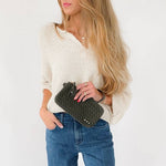 Faux suede woven clutch wristlet
