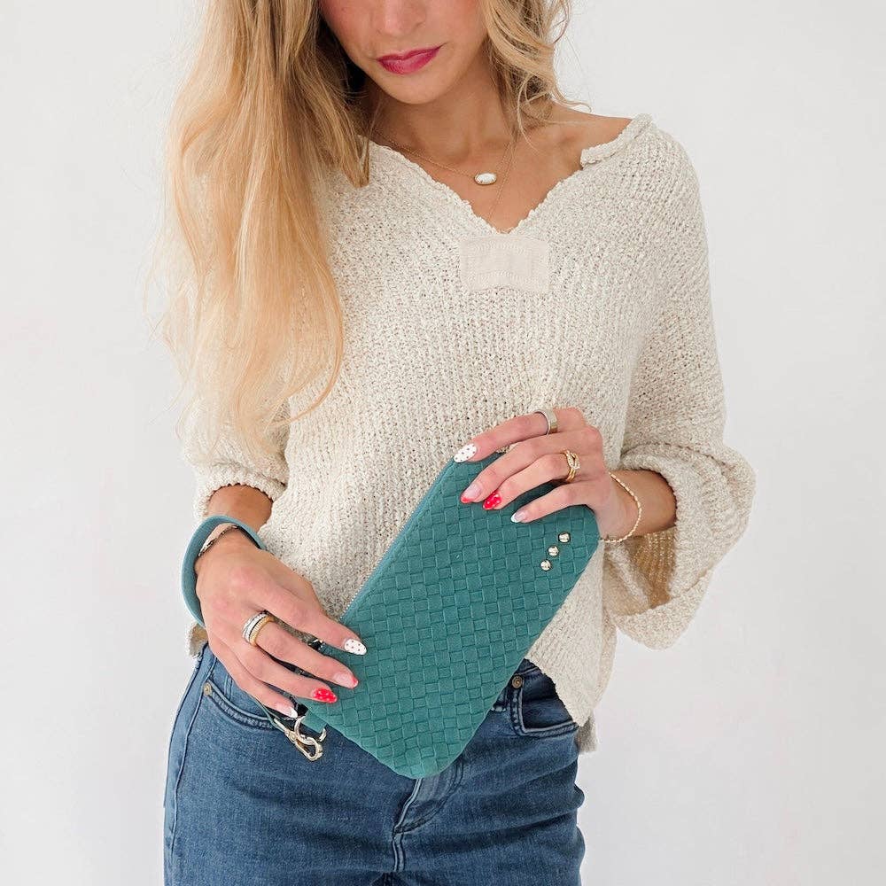 Faux suede woven clutch wristlet