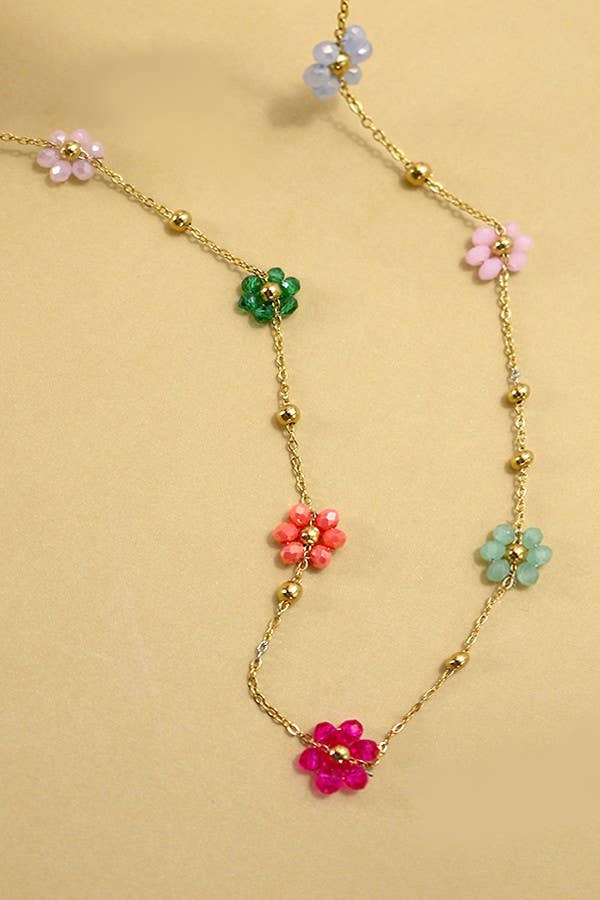 Summer multi beaded flower charm necklace in white and multi colors