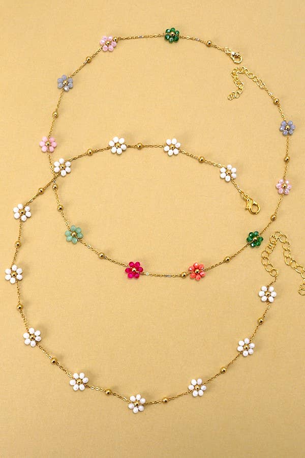 Summer multi beaded flower charm necklace in white and multi colors