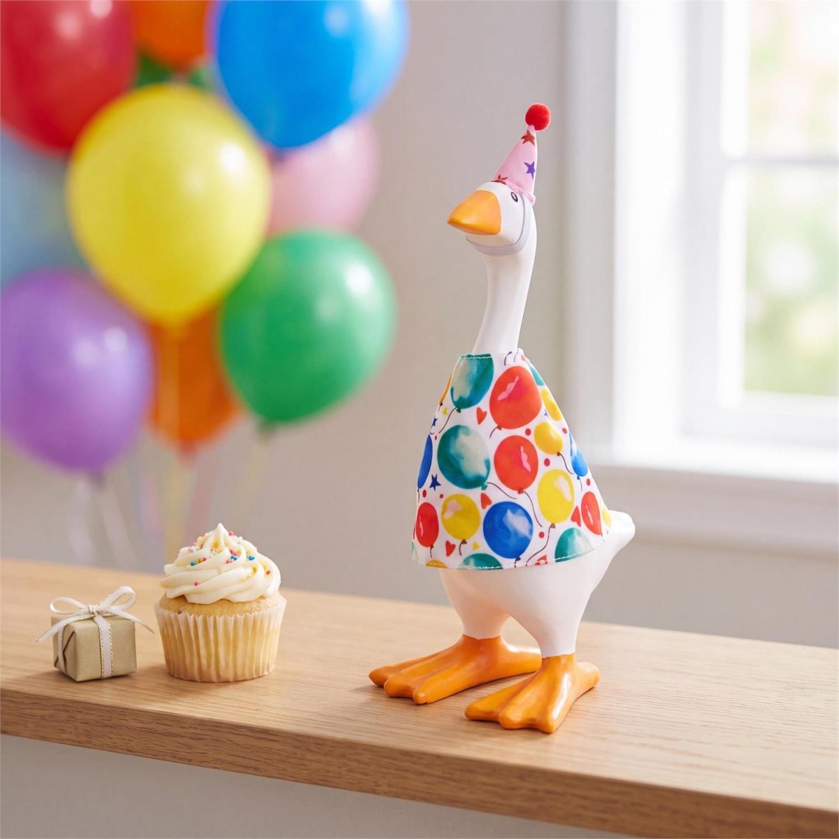 Table-sized goose figurine dressed in a mini outfit